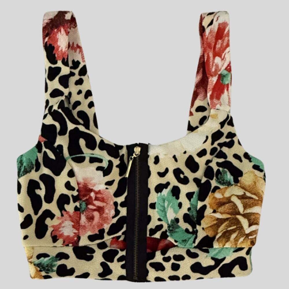 2B Bebe Leopard Floral Zip Front Bra Crop Top Made in USA Size XS Y2K